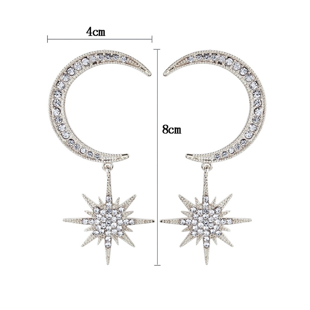 Silver & Crystal Crescent Moon w/Star Earrings - Picture 6 of 7